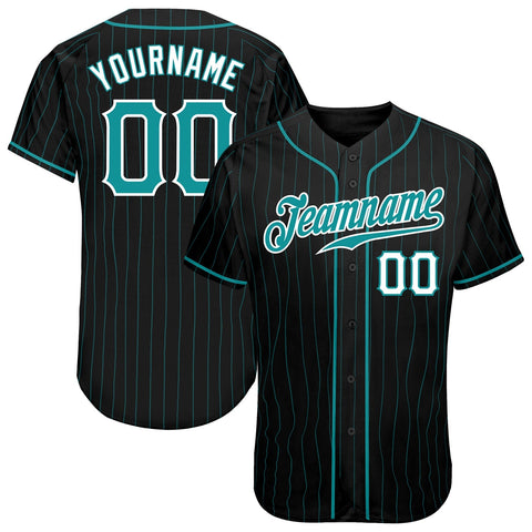 Custom Black Aqua Pinstripe Aqua-White Authentic Baseball Jersey