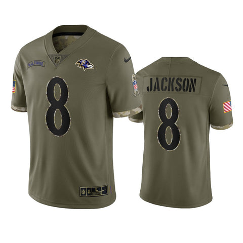 Men's Baltimore Ravens Lamar Jackson Olive 2022 Salute To Service Limited Jersey