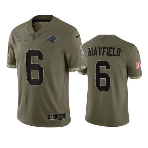 Men's Carolina Panthers Baker Mayfield Olive 2022 Salute To Service Limited Jersey