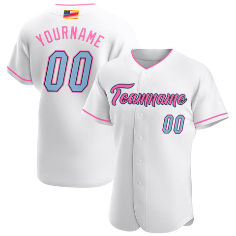 Men's Custom White Pink Light Blue Authentic Baseball Jersey