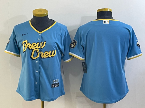 Women's Milwaukee Brewers PLAYER_NAME_#00 Custom Powder Blue 2022 City Connect Replica Player Jersey