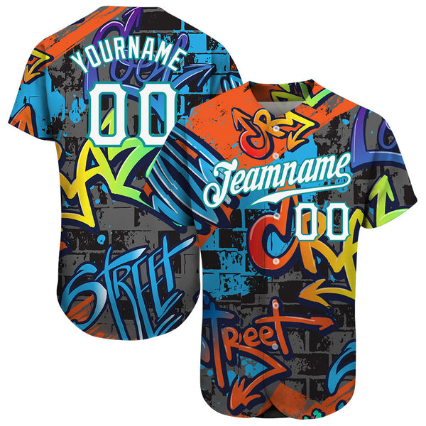 Custom Graffiti Geometric Pattern White-Aqua 3D Authentic Baseball Jersey