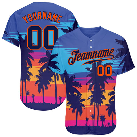 Custom Light Blue Navy-Orange 3D Pattern Design Palm Trees Authentic Baseball Jersey