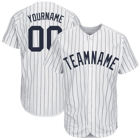 Custom White Navy Pinstripe Navy Baseball Jersey