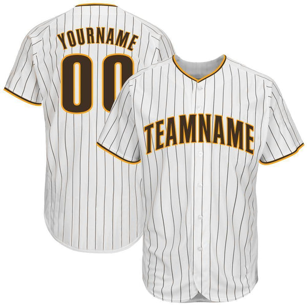 Custom White Brown Pinstripe Brown-Gold Baseball Jersey